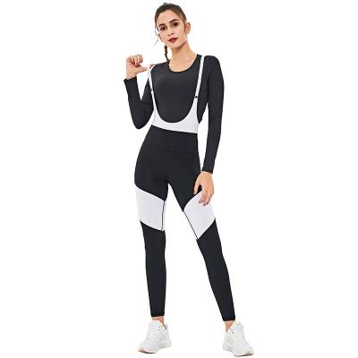 China Breathable Custom Yoga Four Needle Six Yarn Suit Long Sleeve Yoga Ladies Tops And Suspender Jumpsuit Yoga Set for sale