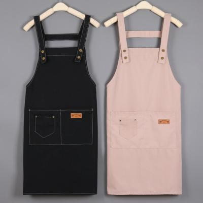 China Wholesale Custom Unisex Drinks/Food Logo Dark Blue Pink Strong Logo Cotton Arpon Canvas Apron With Pockets for sale