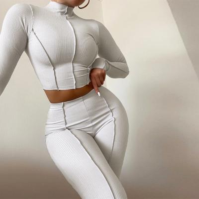 China Custom Summer Crop Collar Women Equipment Fitness Workout Casual Sportswear High Lean Top Set Two Piece Sporty Breathable Solid Gaiters for sale