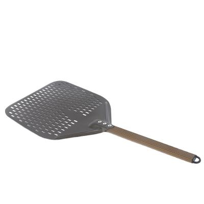 China Efon Viable 12 14 Inch Removable Rectangular Aluminum Non-Slip Pizza Scoop Handle Brown Perforated Peel Pizza Tool for sale