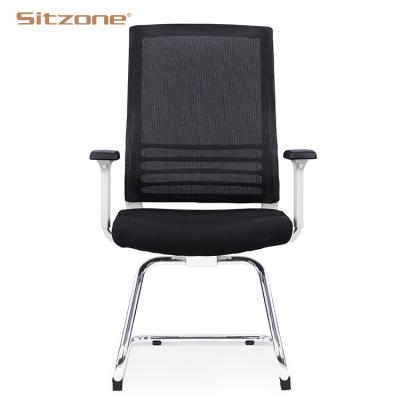 China Stable Back White Frame Fixed Armrest Office Mesh Chair Visitor Chair With Chrome Bow Leg for sale