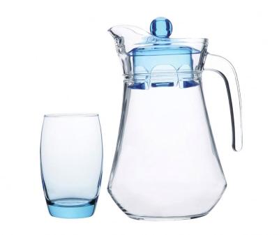 China Sustainable Heat Resistant Blue Colored 1200ml Hot Cold Water Pitcher Glass Water Jug Set With Handle Glass Dinner Set for sale