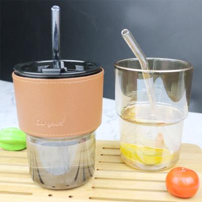 China Newest Factory Sustainable Portable Hot Selling High Borosilicate Summer Glassware Drinking With Lid Straw Glass Water Bottle for sale