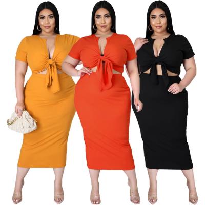 China Amazon Clothing Culture Sustainable Fashionable Top With Bodycon Dress Solid Color Skirt Two Piece Set Plus Size Dress Body Fits Woman Wear for sale