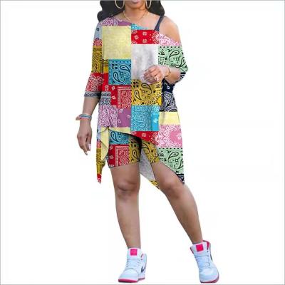 China 2021 One Shoulder Color Block Viable Trendy T-Shirts With Irregular Shorts Women Skinny Paisley Print Plus Size Two Piece Short Set for sale