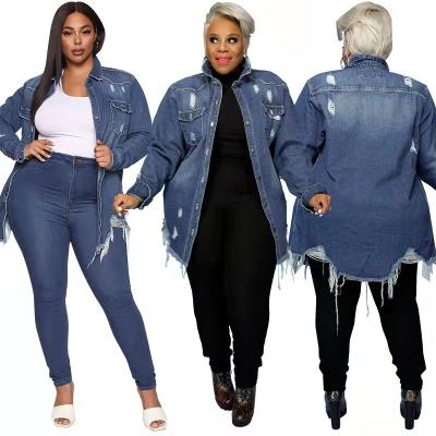 China 2021 Autumn Fashion Viable Women Ripped Long Denim Coat Plus Size Jeans Jacket For Women for sale