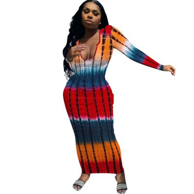 China Fashion Hot 2021 Fall Sale Anti-Wrinkle Long Sleeve Vestidos Elegantes Dress For Women Bodycon Tie Dye Maxi Dress for sale