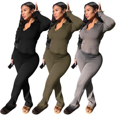 China Wholesale High Quality Breathable V-Neck Ladies Long Sleeve Clothing Women Top Pants Set Fashions Two Piece Set for sale