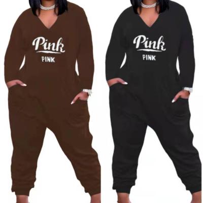 China 2021 new arrival breathable fashion print women pink pullovers and rompers long sleeve overalls with pockets plus size overalls for women for sale