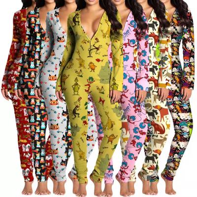 China Breathable Hot Sale Long Sleeve Bodycon Jumpsuit Cartoon Printing Cute Home Wear Fashion Onesies For Women Pajamas for sale