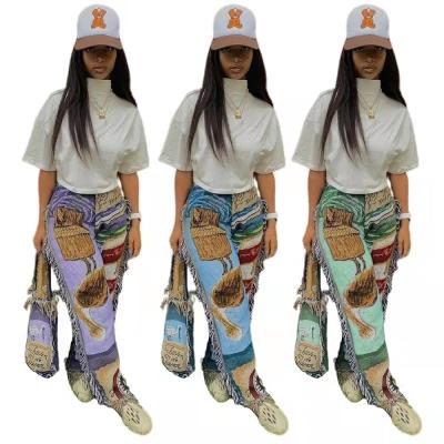 China Fashionable Hot Selling Cartoon Print Breathable Straight Pants Smart Casual Pants Tassel Pants Street Wear for sale