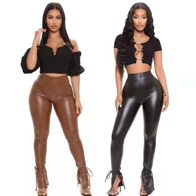 China Hot Sale Fashionable Women Skinny Pants Breathable Bandage High Stretch Brown PU Leather Split Pants for sale