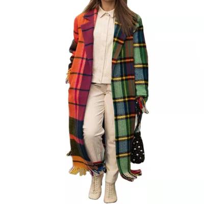 China Anti-wrinkle Sale Plaid Jacket Vintage Hot Fashionable Style Long Dresses With Tassels Contrast Color Plus Size Winter Coat Ladies Wear for sale