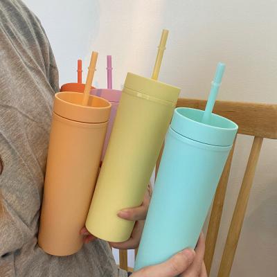 China Minimalist 16OZ Colored Reusable Cold Water Cups Plastic Travel Car Cups With Lids And Straws for sale