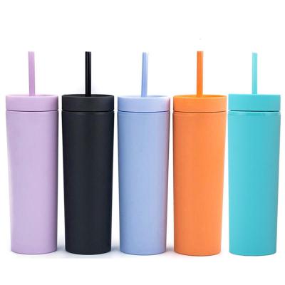 China Minimalist Matte Color Plastic Straight Mug 16oz Frosted Plastic Double Bottle Straw Cup 450ml/480ml Mug for sale