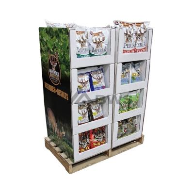 China Customized Style For You Customized Four-Layer Multi-capacity Shelf Floor Cardboard Pallet Dog Cat Whitetail Food Paper Display Rack for sale