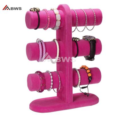 China Customized Style For You Beautiful Wood Fashion 3 Stile Tier MDF With Velvet Covered Watch Bracelet Jewelry Display Stand for sale