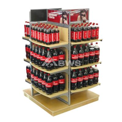 China Customized Style For You Floor 4 Way Metal And Wood 3 Layer Beverage Drink Display Stand Wine Display Racks For Coke for sale