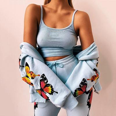 China OM9524 Buzz Life 2021 New Arrivals QUICK DRY Butterfly Printed Jacket Set Women Clothing Two Piece Set Outfits for sale