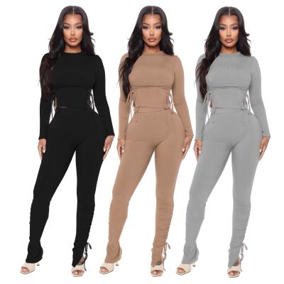 China 2021 New QUICK DRY Buzz G6025 Solid Color Bandage Women's Fashion New Spring Women's Fashion Rib Two Piece Set for sale