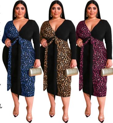 China Deep V-Neckline Zoom Life Anti-Static Leopard Print Long Sleeve Color Matching Belted Dresses Plus-Size Dress for sale