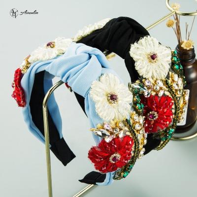 China Popular Friendly Material Headband With Flowers Bead Luxury Bling Rhinestone Baroque Hairband Headband for sale