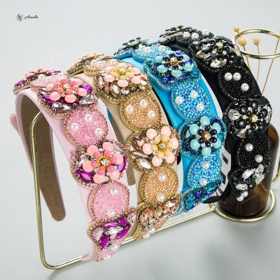 China Material Fashion Friendly Wide Women Flower Headband For Girls Jeweled Headband Rhinestone Luxury Headbands for sale