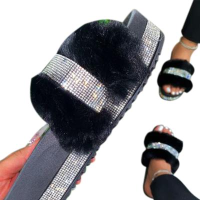 China Designer Branded Comfortable Cozy Plush Women's Diamond PVC Slipper Breathable Faux Fur Slips Heel Flip Flop Women Thick Slippers for sale