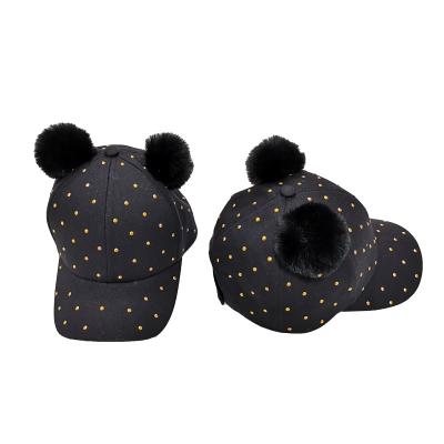 China The COMMON girls' baseball cap with hot cotton faux gems plus two pom poms decorated with cute for sale