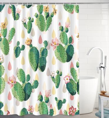 China Sustainable High Quality Colorful Cactus Printed Polyester Bathroom Size Customized Shower Curtain for sale