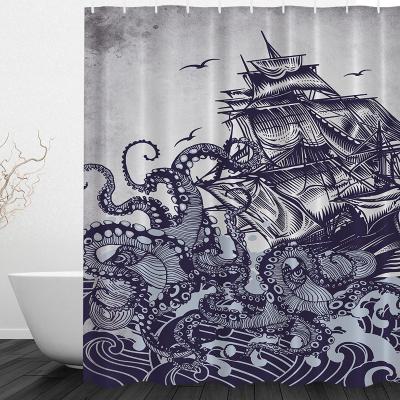 China Sustainable Design Sense Ocean Series Octopus Pattern Printing Polyester Custom Size Waterproof Shower Curtain for sale