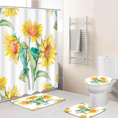 China Sunflower Print Washable Multicolor Optional Toilet Mat Set Bath Mat Shower Curtain With Cover Mats for sale