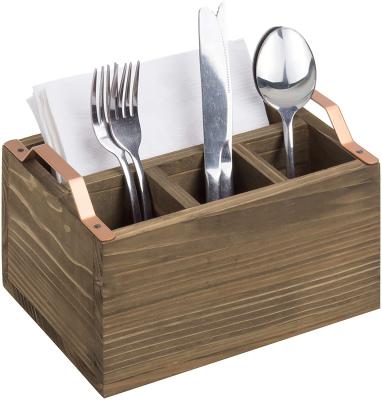 China Viable Rustic Wooden Tabletop Organizer Box, Farmhouse Decor Wooden Cutlery Box with Metal Holder for sale