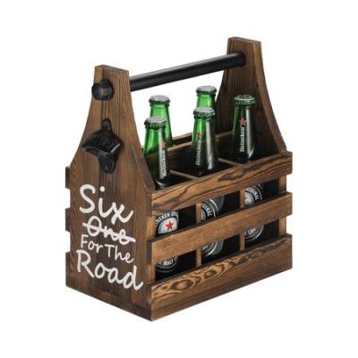 China Sustainable Dark Brown Burnt Wood And Black Industrial Wooden Beer Bottle Carrier With Handle for sale