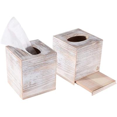 China Sustainable Rustic Square Wood Tissue Box Lid with Slide Bottom Panel- for Home Decor and Bathroom for sale