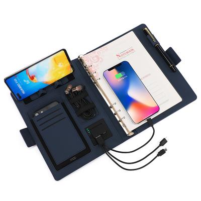 China Multi Functional Hardcover Notebook Powerbank Notebook Leather Cloth Leather Agenda Wireless Charging Smart Gift for sale