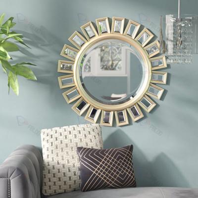 China Wholesale Handcrafted Gold Wood Frame Nordic Modern Antique Large Home Hanging Art Decor Luxury Design Trimmed Round Accent Wall Mirror for sale