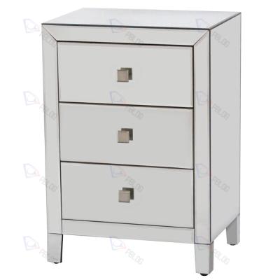 China Modern Luxury Glass Mirrored Cabinet Furniture For Bedroom 3 Drawer Set Mirrored Square Shaped Bedside Cabinet for sale