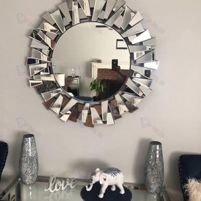 China Handcrafted modern luxury 3d wall mirror round silver wall shaped mirrors decor for sale