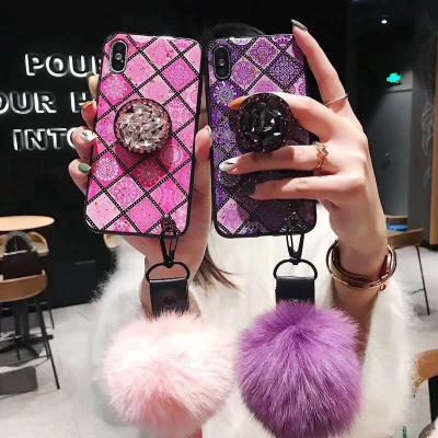 China Retro Bangle Diamond Lattice Phone Case with DIY Crystal Stand Fur Ball Strap Phone Case TPU Bling Bottoms for sale