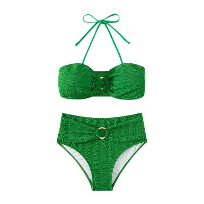 China 2023 Breathable European and American Sexy Hanging Elastic Border Swimwear Quicksell Amazon Swimwear Solid Color Neck Bikini Tops for sale