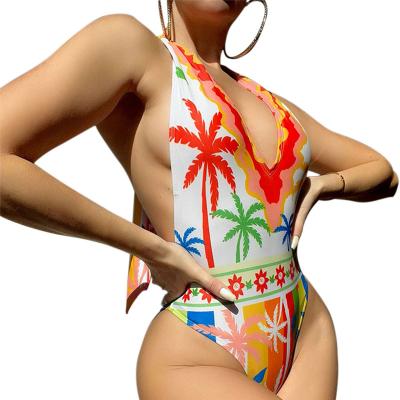 China 2023 new European and American fashion sexy women's retro leaf print tropical swimwear one-piece swimwear one-piece swimwear for sale