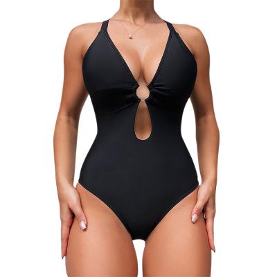 China Hazel Open Back Triangle Beach Breathable Swim European and American 2023 New Color Pure V-Neck Hazel Metal Ring Women's One-piece Swimsuit for sale