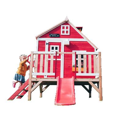 China Easily Assembled Custom Design Outdoor Wooden Kids Playhouse With Slide Red Blune Wood Children's Room Wooden Kids Playhouse With Slide for sale