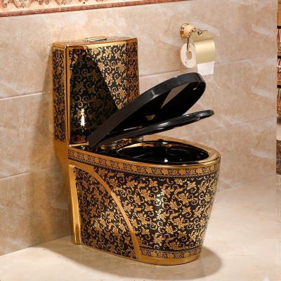 China Double-flow Vintage Style Bathroom Sanitary Ware European Gold Ceramic One-piece Luxury Black Gold Plated Toilet Bowl for sale