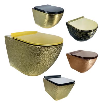 China Luxury Sanitary Ware Gold Bathroom Cistern Color Wall Mounted Hidden Wall Mounted Gold Plated Sanitary Ware Wall Hung WC Toilet for sale