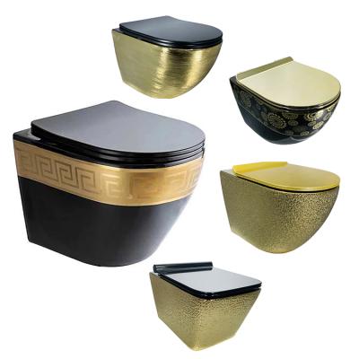 China Concealed Cistern Plated Luxury Bathroom Gold Color Ceramic Wall Mounted Hanging Sanitary Ware Black And Gold Wall Hung WC Toilet Bowl for sale