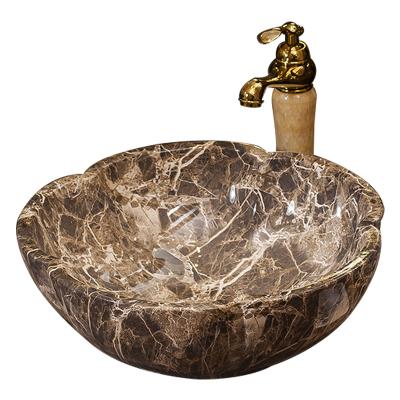 China Bathroom EUROPEAN Above Countertop Round Sink Stone Marble Ceramic Vessel Bowl Vessel Art Hand Brown Marble Basin Art Look Hand Basin for sale