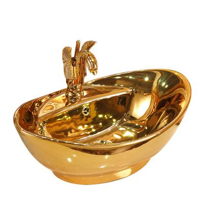 China Modern Royal Gold Ceramic Luxury Gold Plated Bathroom Vessel Sink Bowl Countertop Wash Basin Face Hand Wash Basin for Hotel for sale