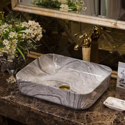 China Wholesale EUROPEAN Rectangular Ceramic Sink Countertop Bathroom Gray Marble Print Marble Washroom Washbasin Vessel for sale